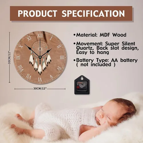 Miniatura 6 de ArogGeld Reloj bohemio de talismán indio nativo americano, atrapasueños de 12 pulgadas, reloj de pared grande con pilas, silencioso y sin tictac