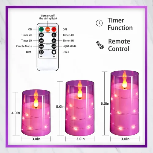 Miniatura 2 de NURADA Velas parpadeantes sin llama: Velas LED acrílicas con mechas 3D, luces de cadena de estrellas incorporadas, operadas por batería, con control
