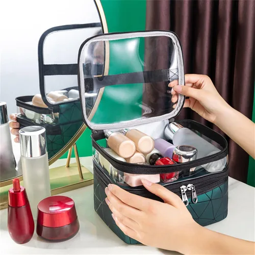 Miniatura 4 de Estuche de viaje de maquillaje de leopardo Bolsas de maquillaje de doble capa Estuches cosméticos de viaje Maquillaje Organizador Bolsas de aseo