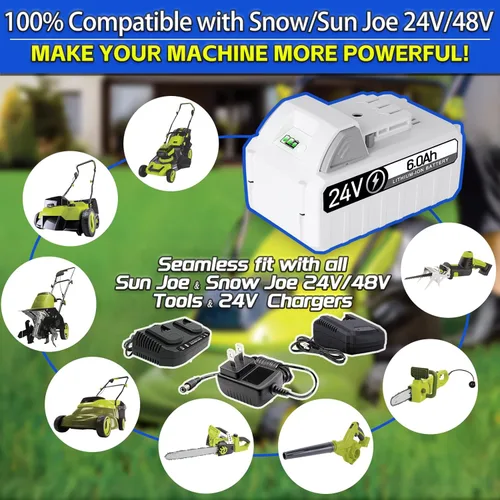 Miniatura 3 de 【3ª generación + puerto CC】Paquete de 2 baterías de repuesto de 24 V 6.0 Ah para Snow Joe, Sun Joe, Power Joe, Aqua Joe 24V iON+ Tools 24BAT-LTW