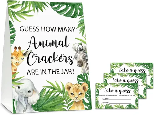 ISOVF Juego de Baby Shower Adivina Cuántos Galletas Animales, Animales de la Selva, Juego de Baby Shower con Tema de Safari - 1 Cartel de Pie y 50