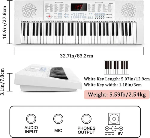 Miniatura 6 de Vangoa VGK611 Teclado Eléctrico para Principiantes, Teclado de Música Portátil de 61 Teclas con Mini Teclas Iluminadas, Piano Electrónico para Blanco