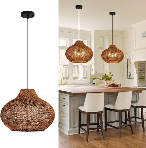 Miniatura 13 de Lámpara Colgante de Ratán de 1 Luz, 13.78" Luz Colgante de Ratán de Bambú Tejida a Mano, Candelabro de Mimbre para Isla de Cocina, Restaurante, Sala