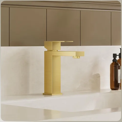 Miniatura 2 de Phiestina Grifo de tocador de baño de una sola manija cuadrada de oro cepillado con drenaje desplegable de metal con placa de cubierta, línea
