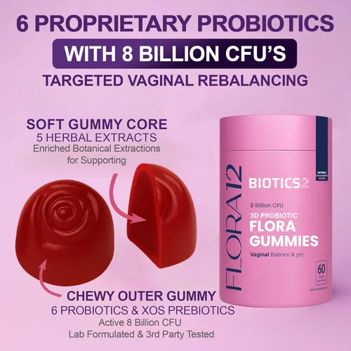 Miniatura 9 de Flora - Probióticos vaginales para mujeres, gomitas de equilibrio de pH con prebióticos, 8 mil millones de probióticos, 5 extractos de palma enana