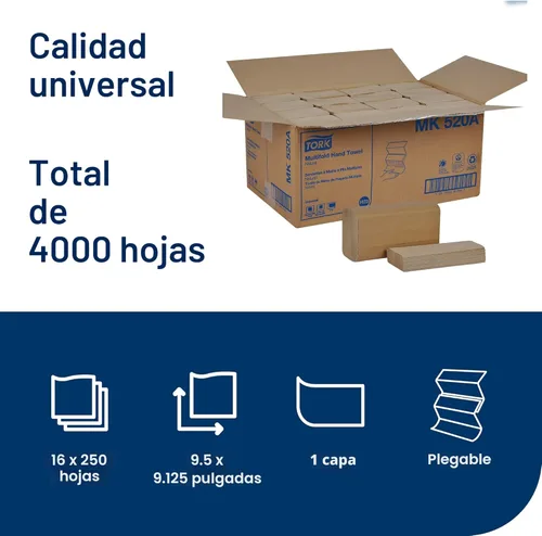 Miniatura 2 de Tork Toalla de mano multipliegue, natural, 100% reciclada, certificado FSC, compatible con dispensadores H2, 16 paquetes x 250 hojas (MK520A)