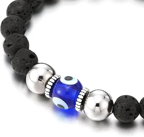 Miniatura 2 de COOLSTEELANDBEYOND Pulsera de cuentas negras para hombre y mujer, con cuentas de cristal estilo Murano, protección de oración Mala