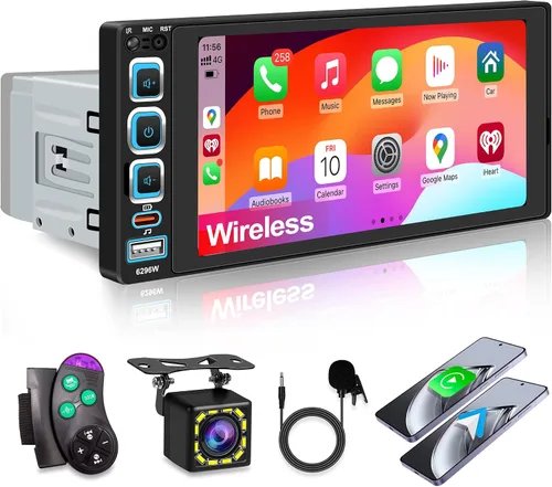 Estéreo inalámbrico para automóvil Apple CarPlay de 6.9 pulgadas, pantalla táctil IPS 1280 x 480, Bluetooth 5.2 para automóvil, radio FM, receptores