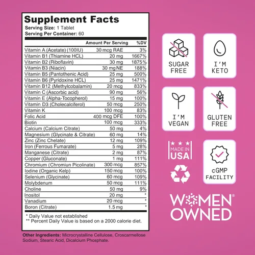 Miniatura 6 de SELF NUTRITION Multivitamínicos veganos para mujer, una vez al día, 28 nutrientes, aumenta la energía, el sueño, el cabello, la piel, las uñas