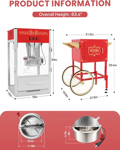 Miniatura 2 de Máquina comercial de palomitas de maíz con carrito, auténtica máquina de palomitas de maíz de 16 onzas con cubierta de vibración, máquina de Rojo