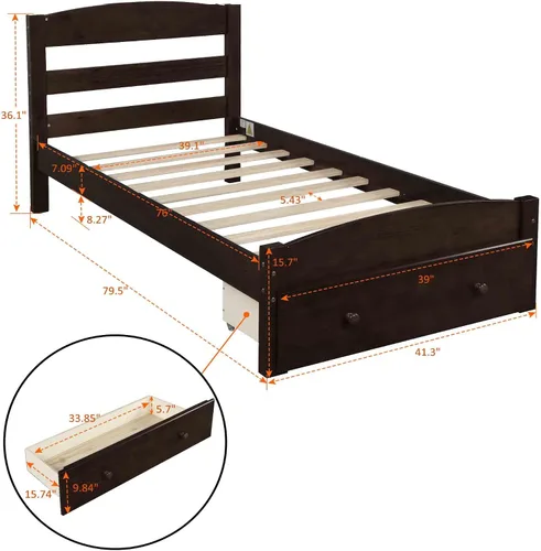 Miniatura 2 de Base de cama individual con cajones de almacenamiento, plataforma de madera con cabecero para niños, adolescentes y adultos, base de colchón