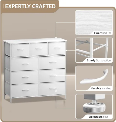 Miniatura 6 de Sorbus Cómoda de dormitorio con 9 cajones, organizador de armario con marco de acero, parte superior de madera y cajones de tela fáciles de tirar