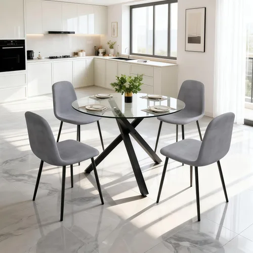 Miniatura 11 de Juego de mesa de comedor redonda de vidrio para 4, mesa de cocina redonda de 39 pulgadas y sillas para 4 personas con tapa de vidrio templado y base