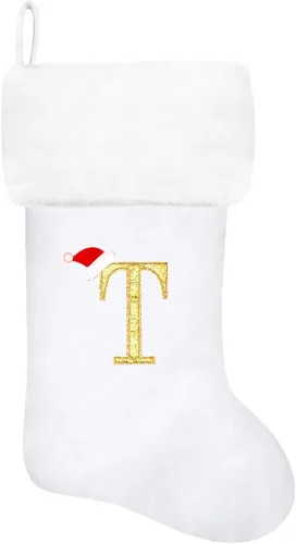 Miniatura 120 de Calcetines de Navidad bordados de 20 pulgadas con monograma, terciopelo negro con puño de felpa blanca supersuave, adornos clásicos para decoración