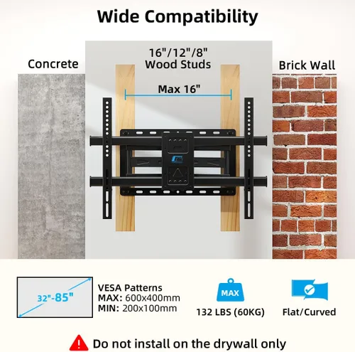 Miniatura 2 de HOME VISION - Soporte de pared para TV de movimiento completo para televisores de 32 a 85 pulgadas de hasta 59.8 kg, compatible con pernos de madera