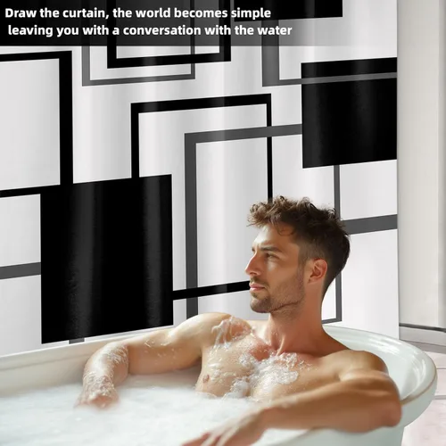 Miniatura 3 de Cortina de Ducha en Blanco y Negro Geométrica Cortinas de Ducha para Decoración de Baños de Hombres Juego de Cortina de Baño en Negro Blanco y Gris