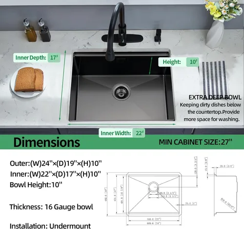 Miniatura 3 de Fregadero de cocina de montaje inferior, fregadero de cocina de 24 x 19 pulgadas, fregadero de cocina de acero inoxidable calibre 16, fregadero
