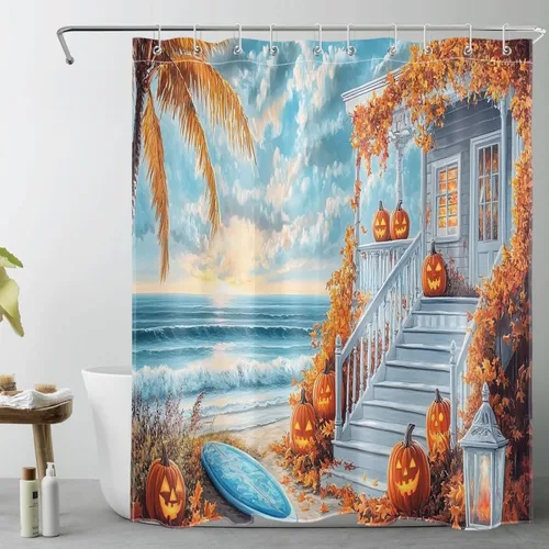 Miniatura 31 de LB Cortina de ducha de feliz Halloween para baño, flamenco rosa y calabaza naranja con sombrero mágico, cortina de ducha de tela con ganchos, juego