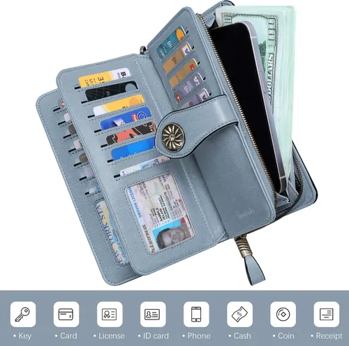 Miniatura 3 de Travelambo Billetera para mujer de gran capacidad con bloqueo RFID de cuero genuino