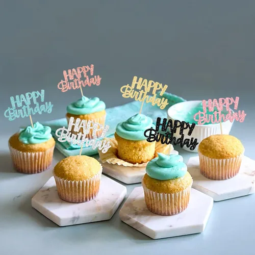 Miniatura 7 de Gyufise 24 piezas de decoración para pastel de cumpleaños con purpurina, adornos brillantes para pastel de cumpleaños, adornos de comida para 6