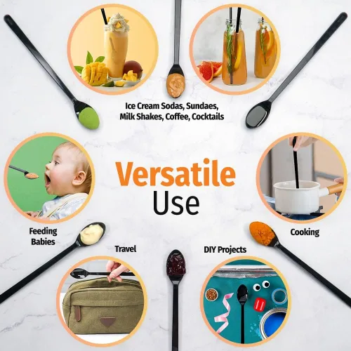 Miniatura 4 de Cucharas largas de plástico – 9 pulgadas – Cuchara de mango largo resistente para agitar, cucharas de café negro – Espresso, cuchara de té helado