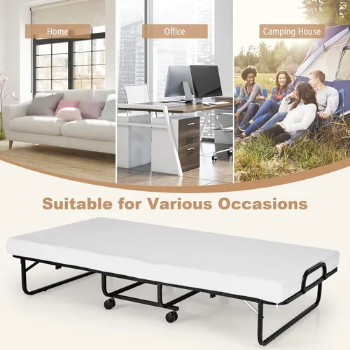 Miniatura 9 de GOFLAME Cama plegable con colchón de espuma viscoelástica, cama de invitados de tamaño individual con marco de metal resistente, cama plegable