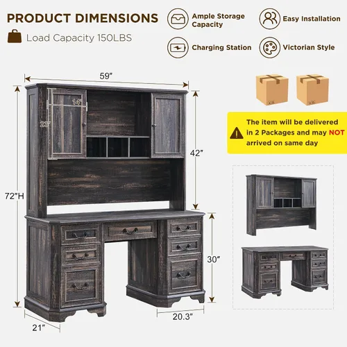 Miniatura 2 de T4TREAM - Escritorio ejecutivo de 59" estilo granja con estante superior, escritorio de madera para oficina en casa, con bandeja para teclado