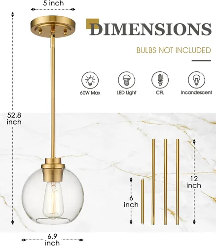 Miniatura 3 de Luces Colgantes de Latón para Isla de Cocina Paquete de 2, Luz Colgante Dorada Estilo Granja con Pantalla de Globo de Vidrio Transparente