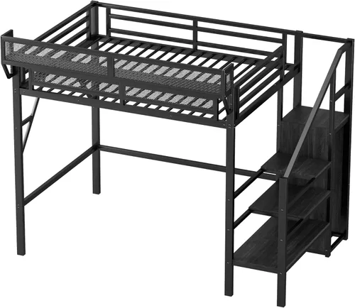 Miniatura 7 de KEIKI Base de cama de metal tamaño individual con escalera convertible, estantes de almacenamiento integrados y armario, cama alta con listones