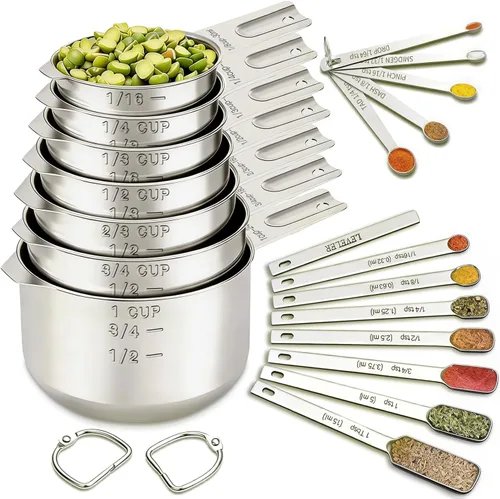 Miniatura 7 de EWFEN Juego de tazas y cucharas medidoras, 7 tazas medidoras de acero inoxidable y 7 cucharas, 5 mini cucharas medidoras y 2 anillos desmontables