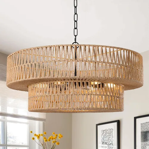 Miniatura 10 de LamQee Candelabros de Ratán Estilo Granja de 22 Pulgadas, Lámpara de Araña Boho de 5 Luces con Pantalla de Mimbre Tejida a Mano, Luces Colgantes