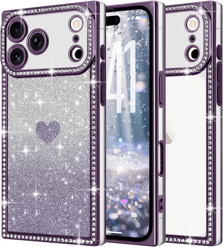 Miniatura 44 de Funda para iPhone 13, funda de diamantes de imitación de lujo con patrón de corazón de amor de cristal [papel con purpurina extraíble], parachoques