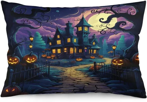 Miniatura 20 de Fundas de almohada frescas de casa embrujada, castillo, luna, bosque medieval, calabaza, fundas de almohada rectangulares con cremallera invisible