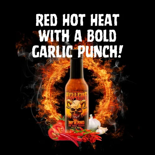 Miniatura 5 de Hellfire Hot Sauce Infierno De Ajo Rojo - Salsa picante gourmet de salsa roja con ajo y pimientos Carolina Reaper, 5 onzas