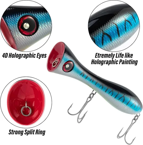 Miniatura 4 de Dr.Fish Topwater Popper Señuelos de pesca de agua salada, 8 pulgadas GT Popper VMC anzuelos agudos señuelos de pesca de surf para Striper Atún