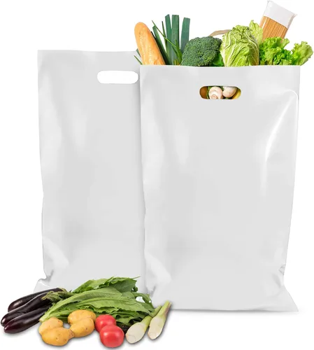 Miniatura 7 de APQ - Paquete de 500 bolsas de compras blancas con mango troquelado de 15 x 18 x 4 pulgadas de grosor de 1,25 mil. Bolsas de polietileno de baja