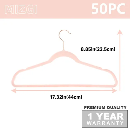 Miniatura 2 de MIZGI Perchas de terciopelo premium (paquete de 50) resistentes - Perchas de fieltro antideslizantes - Rosa rubor - Oro rosa con ganchos giratorios