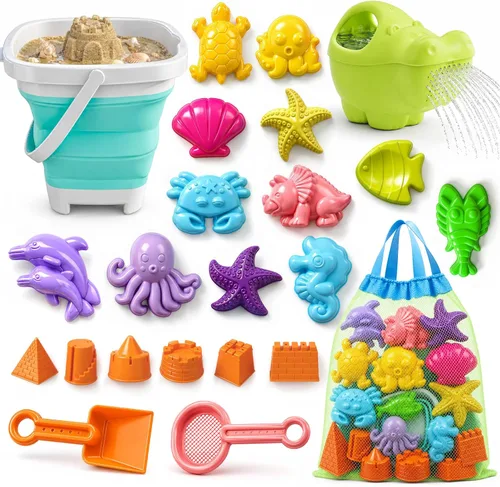 TOY Life 23 juguetes de playa oceánica para niños de 4 a 8 años, juguetes de arena plegables con regadera, cubo de silicona, kit de construcción de