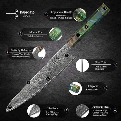 Miniatura 4 de Cuchillo de chef damasquinado, mango único de una sola pieza, cuchillo de cocina profesional de chef japonés Vg10, 67 capas, acero damasquinado