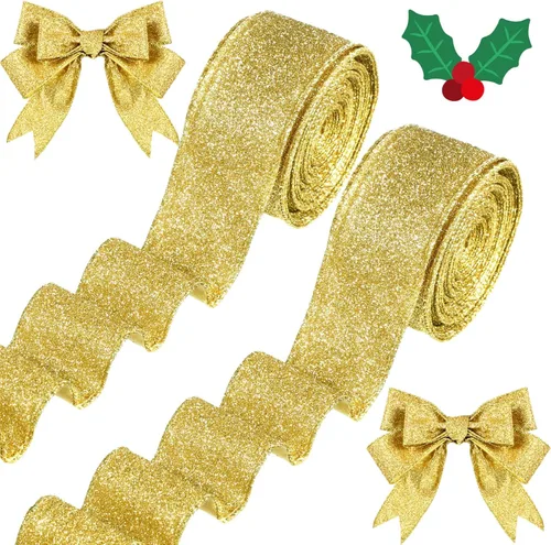 Miniatura 11 de 2 Rollos 20 Yardas Cinta de Navidad con Alambre Cinta Gruesa con Purpurina Cinta Metálica con Alambre para Envolver Regalos Cinta de Árbol