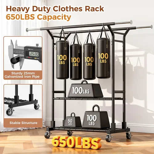 Miniatura 7 de Luxspire Perchero resistente con carga de 650 libras, percheros de ropa de doble barra para colgar ropa, estantes de ropa rodantes con ruedas