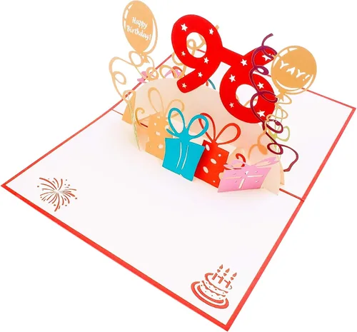 Miniatura 6 de iGifts And Cards Tarjeta desplegable 3D de cumpleaños 96, regalos coloridos y celebración de hitos de globos, saludo sincero para personas mayores