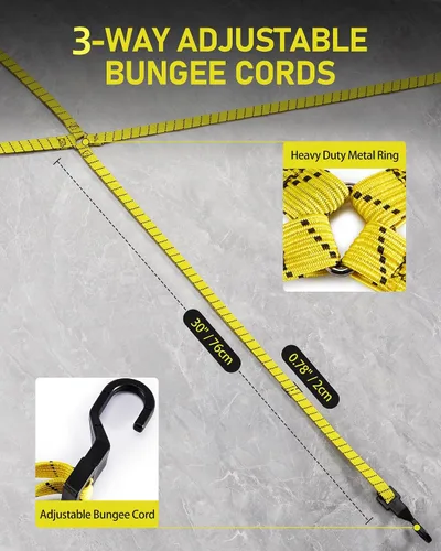 Miniatura 2 de Paquete de 4 cordones elásticos planos ajustables de 3 vías con ganchos, fácil de ajustar la longitud de los 3 lados, Lucky Straps 30 pulgadas