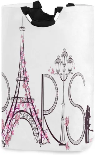 visesunny Tower Eiffel - Cesta grande para ropa sucia con letras de París, con asa, plegable, duradera, bolsa de lavandería, contenedor de juguetes