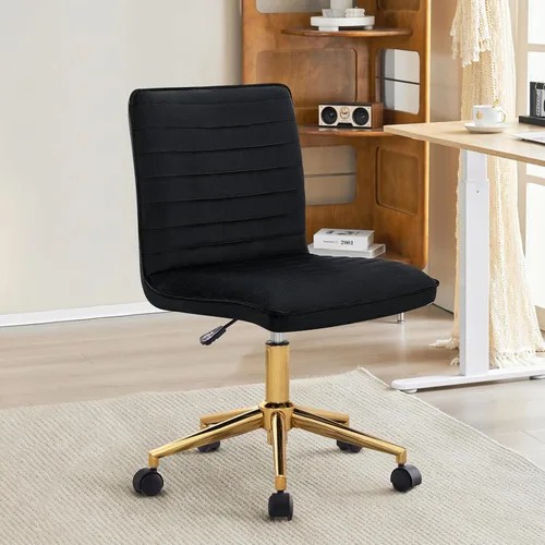 Miniatura 8 de Furnimart Silla de Escritorio Giratoria Negra sin Brazos con Ruedas, Pequeña Silla de Oficina en Casa Tapizada en Terciopelo, Silla Ajustable