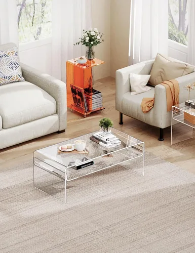Miniatura 5 de Mesa de café acrílica para sala de estar con estante de almacenamiento abierto, mesa rectangular transparente de Lucite (1, Transparente, Normal)
