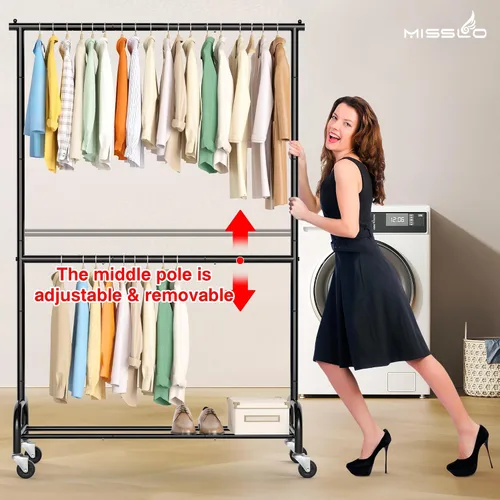 Miniatura 6 de MISSLO Perchero resistente para colgar ropa, perchero con ruedas para abrigo, ropa, negro mate (doble varilla)