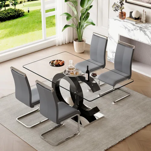Miniatura 54 de gopop Mesa de comedor de cristal de 63 pulgadas, mesa de cocina moderna, mesa de comedor de vidrio transparente con patas de diseño único negro