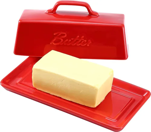Miniatura 6 de Bruntmor Mantequillera de cerámica con tapa. Mantequillera/bandeja/almacenamiento con tapa y asa. Mantequera de porcelana para encimera.