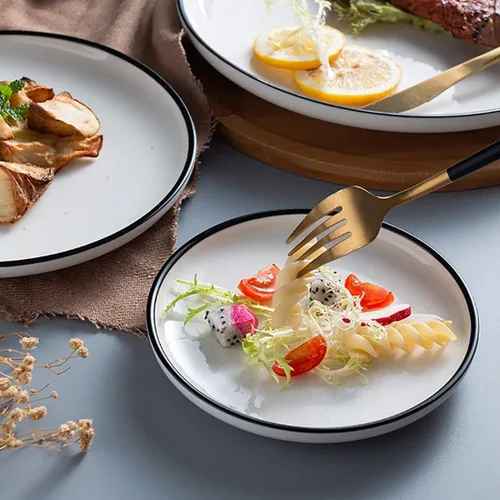 Miniatura 7 de Platos pequeños de porcelana de 6 pulgadas, color blanco con bordes negros, platos para servir, postre, ensalada, aperitivos, juego de 6
